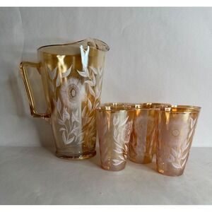 Jeanette Marigold Iridescent Carnival Glass Pitcher, 6     Juice Glasses Floral
